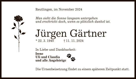 Anzeige von Jürgen Gärtner von Reutlinger General-Anzeiger