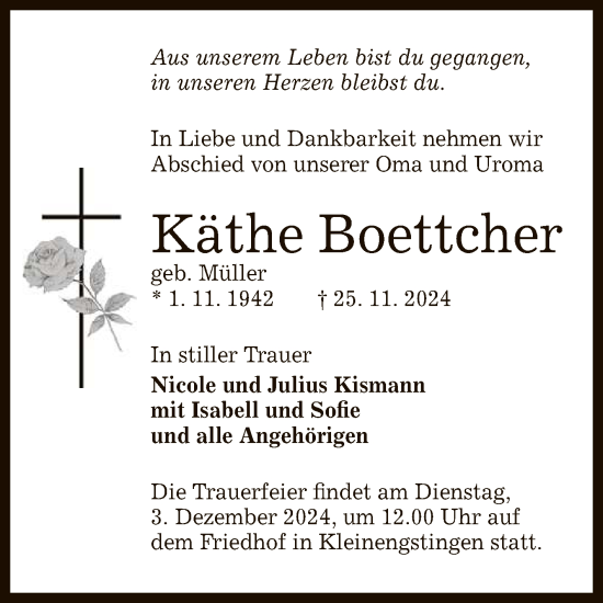 Anzeige von Käthe Boettcher von Reutlinger General-Anzeiger