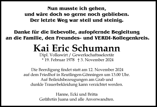 Anzeige von Kai Eric Schumann von Reutlinger General-Anzeiger