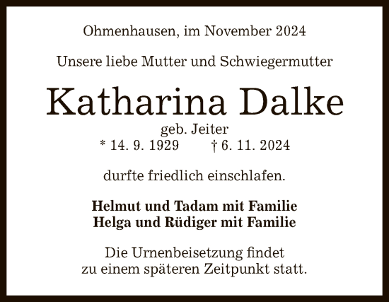 Anzeige von Katharina Dalke von Reutlinger General-Anzeiger