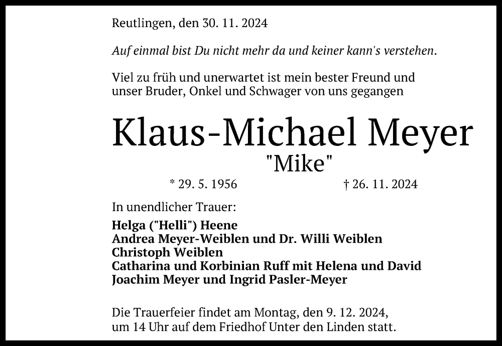  Traueranzeige für Klaus-Michael Meyer vom 30.11.2024 aus Reutlinger General-Anzeiger