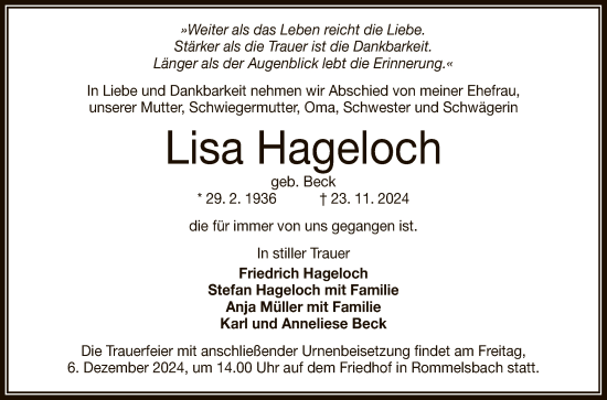 Anzeige von Lisa Hageloch von Reutlinger General-Anzeiger