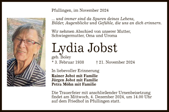 Anzeige von Lydia Jobst von Reutlinger General-Anzeiger