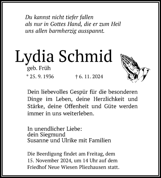 Anzeige von Lydia Schmid von Reutlinger General-Anzeiger