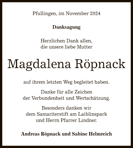 Anzeige von Magdalena Röpnack von Reutlinger General-Anzeiger