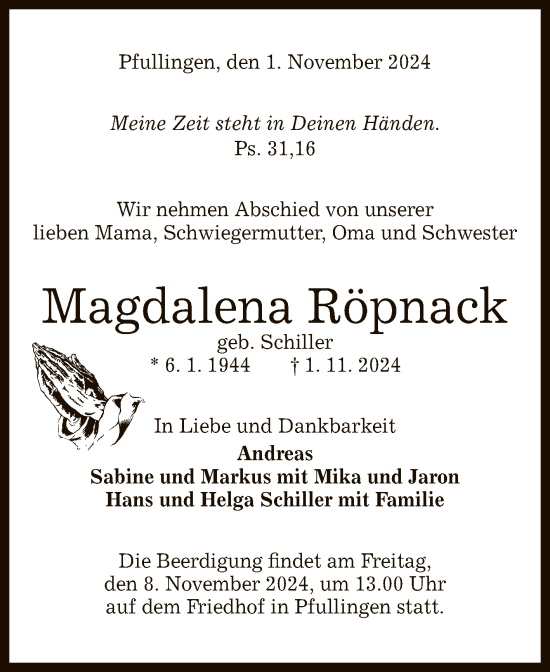 Anzeige von Magdalena Röpnack von Reutlinger General-Anzeiger