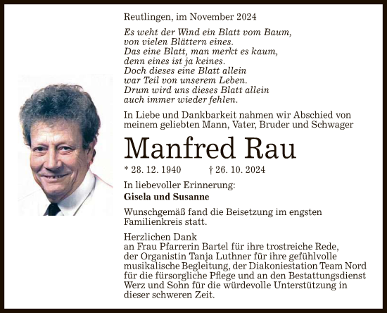 Anzeige von Manfred Rau von Reutlinger General-Anzeiger