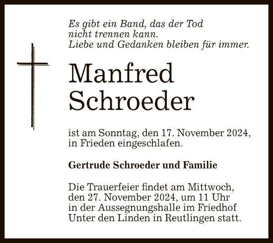 Anzeige von Manfred Schroeder von Reutlinger General-Anzeiger