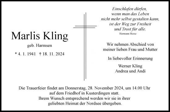 Anzeige von Marlis Kling von Reutlinger General-Anzeiger