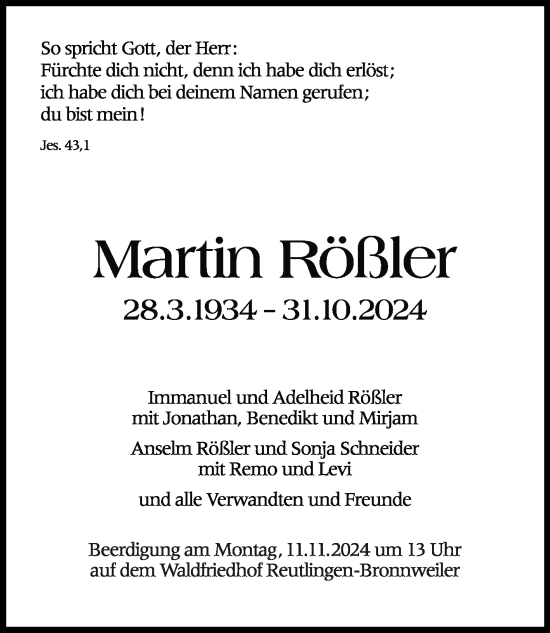 Anzeige von Martin Rößler von Reutlinger General-Anzeiger