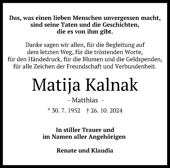 Anzeige von Matija Kalnak von Reutlinger General-Anzeiger