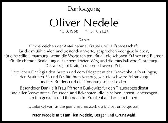 Anzeige von Oliver Nedele von Reutlinger General-Anzeiger