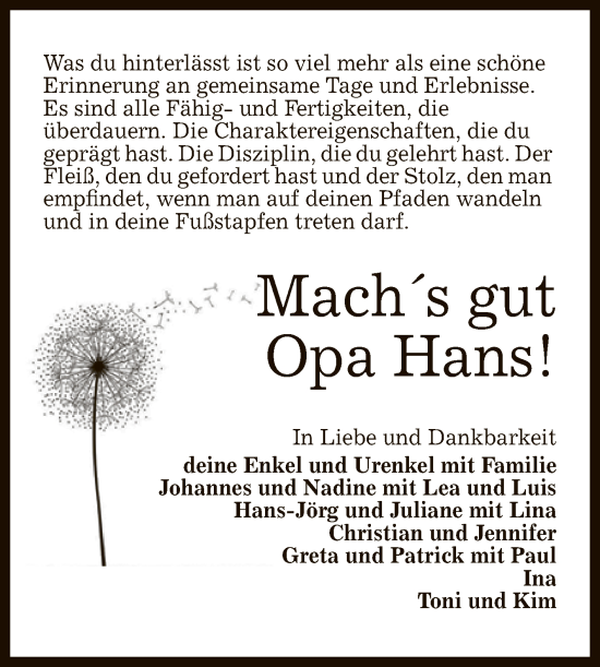 Anzeige von Opa Hans!  von Reutlinger General-Anzeiger
