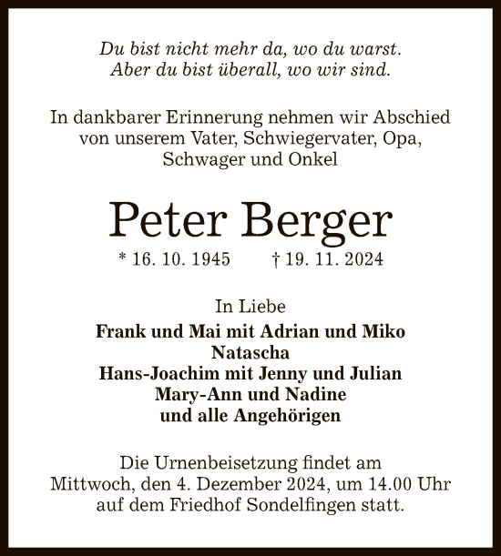 Anzeige von Peter Berger von Reutlinger General-Anzeiger