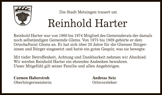 Anzeige von Reinhold Harter von Reutlinger General-Anzeiger