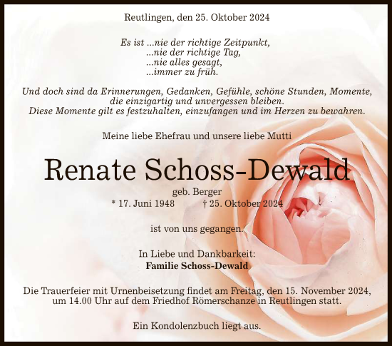 Anzeige von Renate Schoss-Dewald von Reutlinger General-Anzeiger