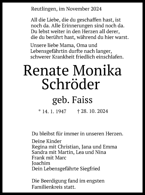 Anzeige von Renate Monika Schröder von Reutlinger General-Anzeiger