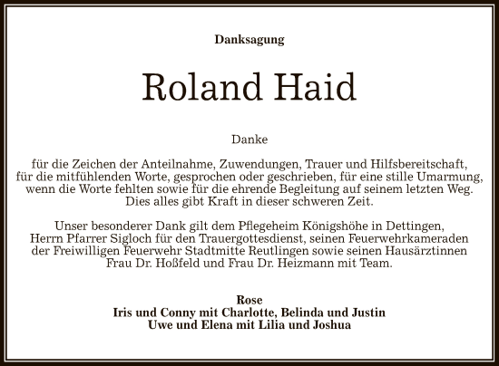 Anzeige von Roland Haid von Reutlinger General-Anzeiger