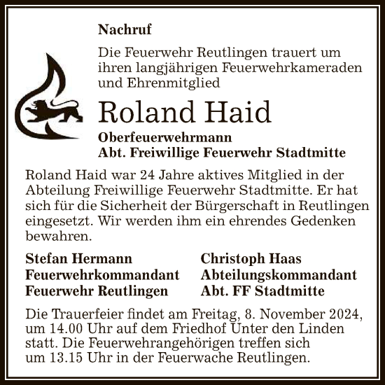 Anzeige von Roland Haid von Reutlinger General-Anzeiger