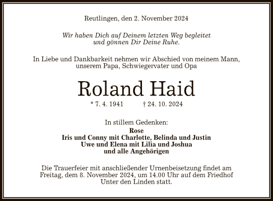 Anzeige von Roland Haid von Reutlinger General-Anzeiger