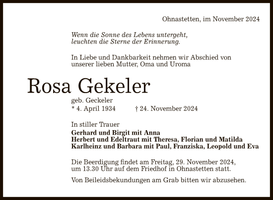 Anzeige von Rosa Gekeler von Reutlinger General-Anzeiger