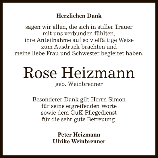 Anzeige von Rose Heizmann von Reutlinger General-Anzeiger