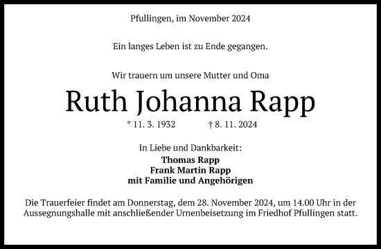 Anzeige von Ruth Johanna Rapp von Reutlinger General-Anzeiger