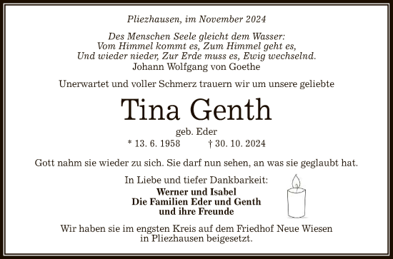 Anzeige von Tina Genth von Reutlinger General-Anzeiger