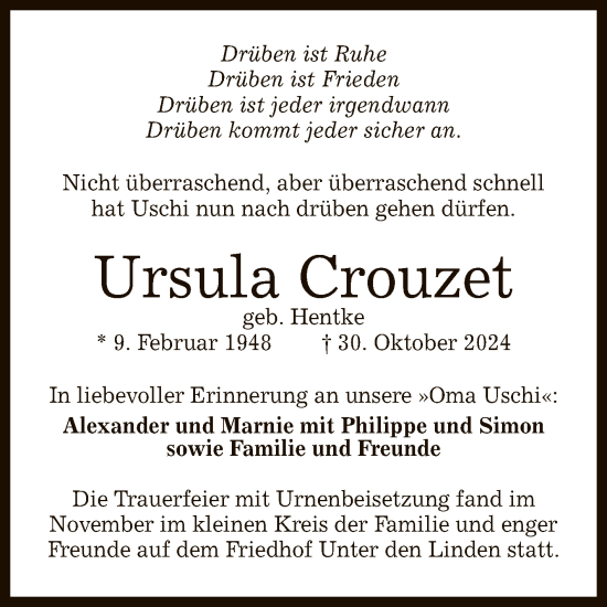 Anzeige von Ursula Crouzet von Reutlinger General-Anzeiger