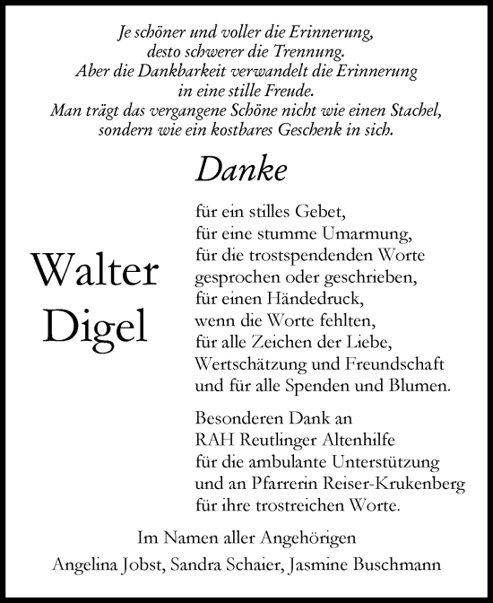 Anzeige von Walter Digel von Reutlinger General-Anzeiger