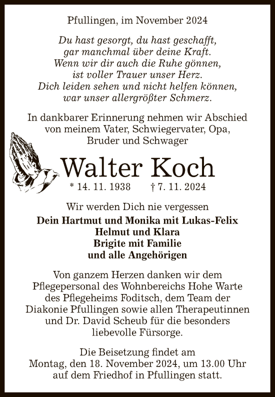 Anzeige von Walter Koch von Reutlinger General-Anzeiger