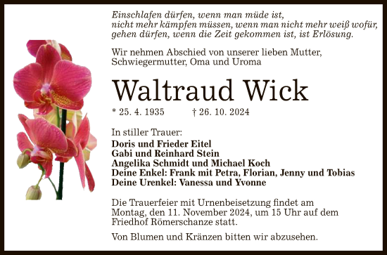 Anzeige von Waltraud Wick von Reutlinger General-Anzeiger