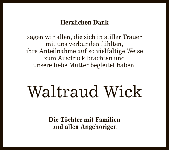 Anzeige von Waltraud Wick von Reutlinger General-Anzeiger