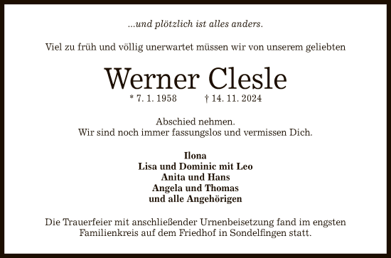 Anzeige von Werner Clesle von Reutlinger General-Anzeiger