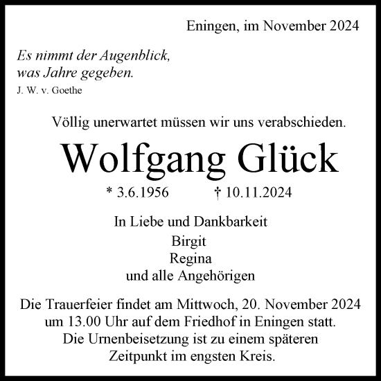 Anzeige von Wolfgang Glück von Reutlinger General-Anzeiger