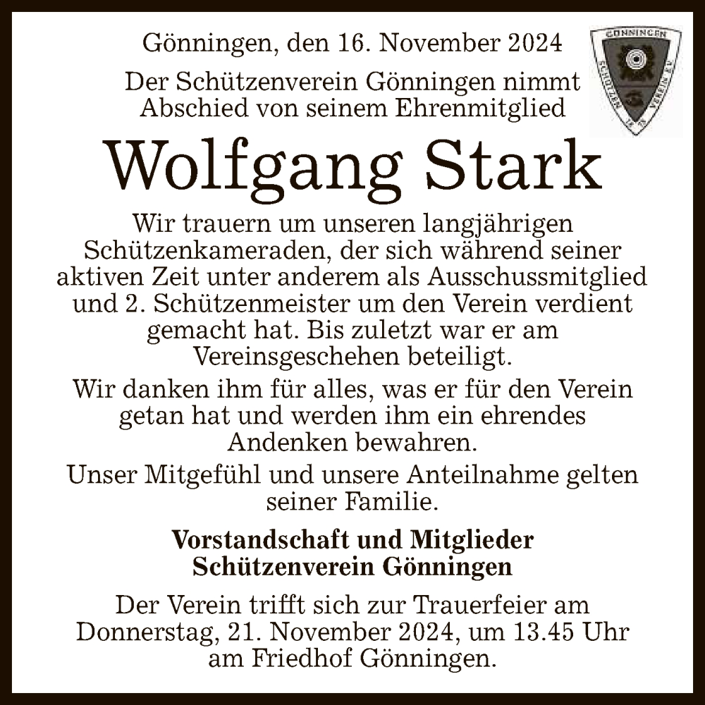  Traueranzeige für Wolfgang Stark vom 16.11.2024 aus Reutlinger General-Anzeiger