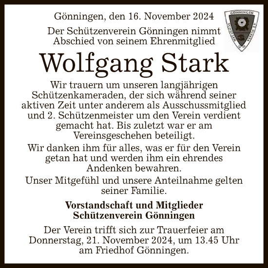 Anzeige von Wolfgang Stark von Reutlinger General-Anzeiger