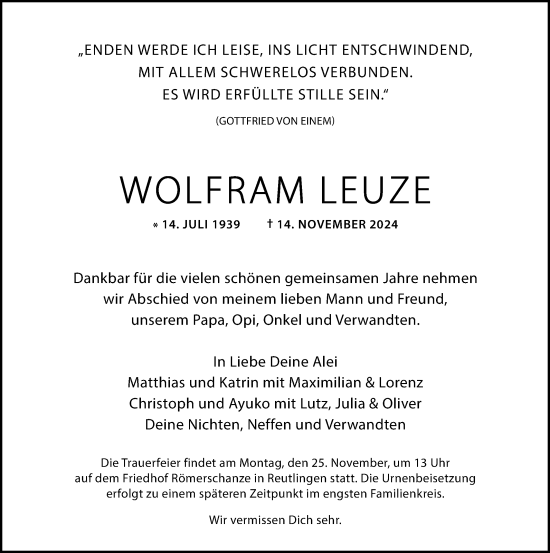 Anzeige von Wolfram Leuze von Reutlinger General-Anzeiger