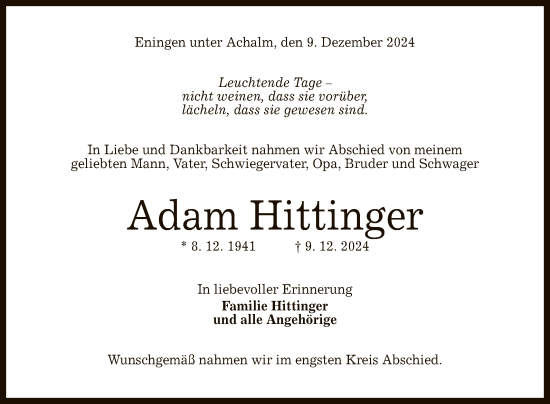 Anzeige von Adam Hittinger von Reutlinger General-Anzeiger