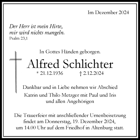 Anzeige von Alfred Schlichter von Reutlinger General-Anzeiger