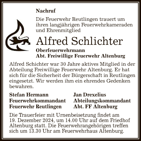 Anzeige von Alfred Schlichter von Reutlinger General-Anzeiger