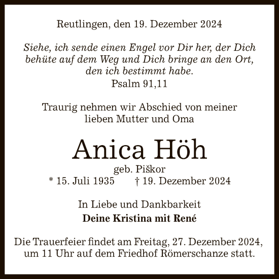 Anzeige von Anica Höh von Reutlinger General-Anzeiger