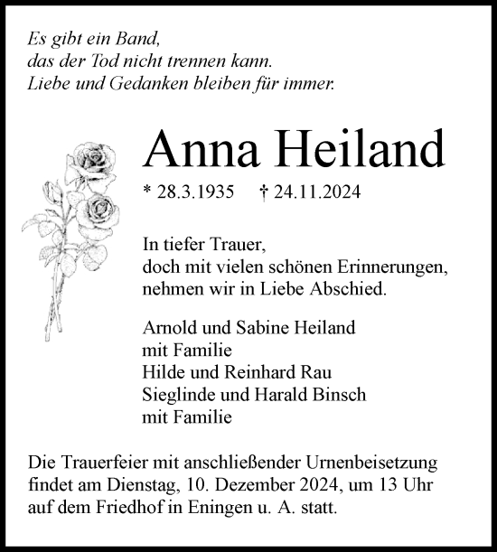 Anzeige von Anna Heiland von Reutlinger General-Anzeiger