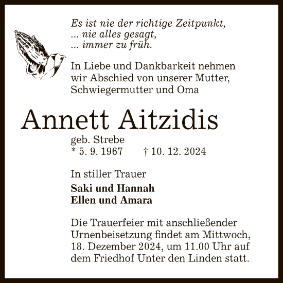 Anzeige von Annett Aitzidis von Reutlinger General-Anzeiger