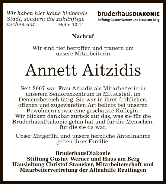 Anzeige von Annett Aitzidis von Reutlinger General-Anzeiger