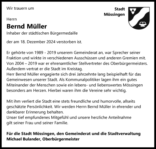 Anzeige von Bernd Müller von Reutlinger General-Anzeiger