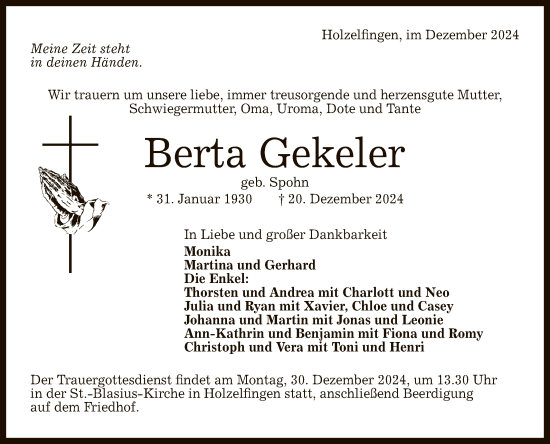 Anzeige von Berta Gekeler von Reutlinger General-Anzeiger