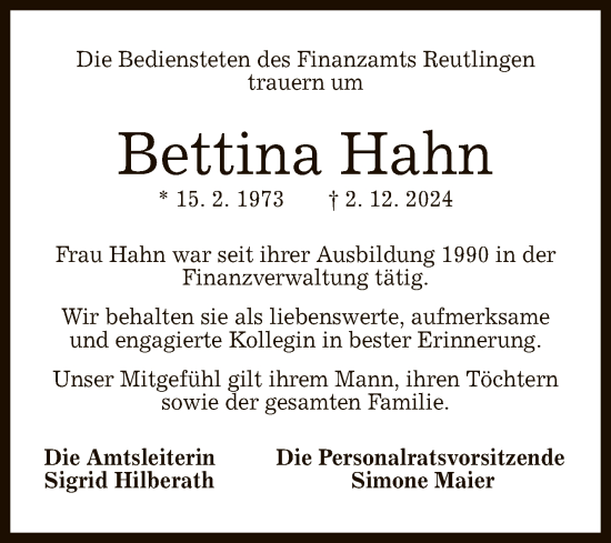 Anzeige von Bettina Hahn von Reutlinger General-Anzeiger