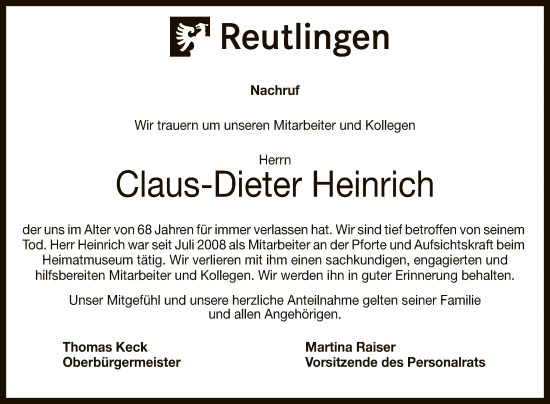 Anzeige von Claus-Dieter Heinrich von Reutlinger General-Anzeiger