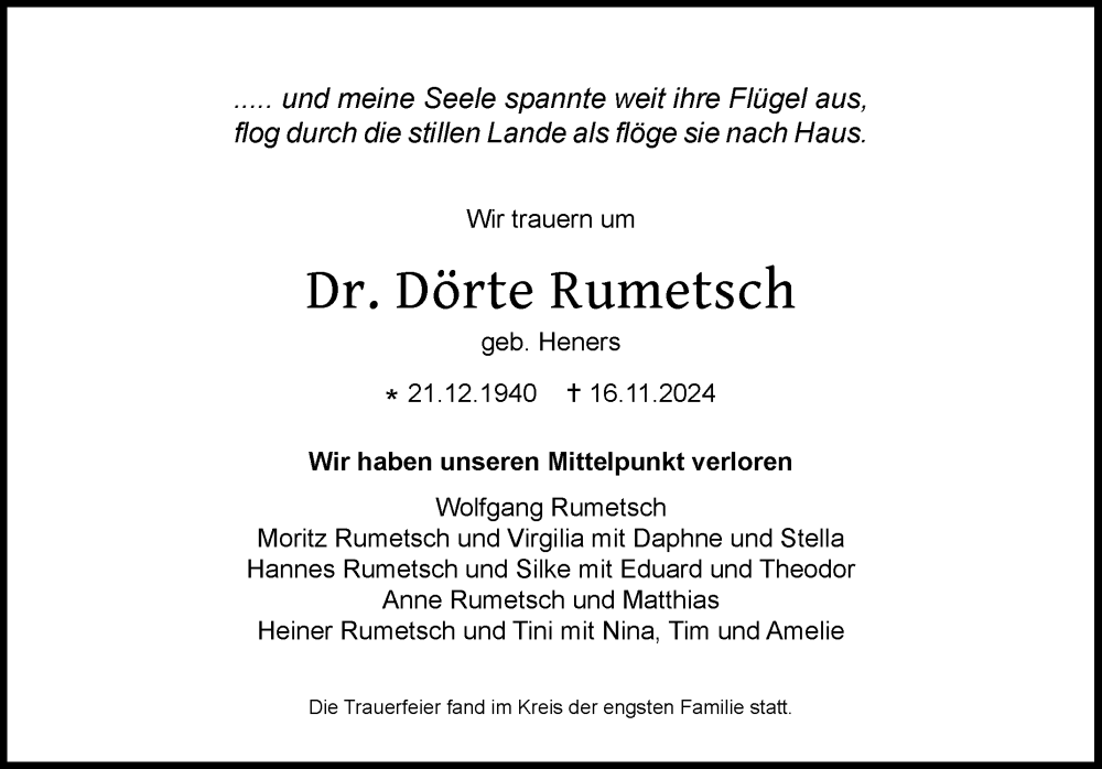  Traueranzeige für Dörte Rumetsch vom 07.12.2024 aus Reutlinger General-Anzeiger